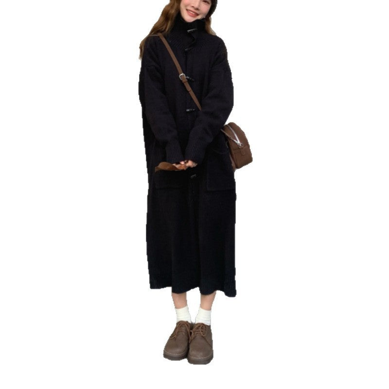 Women's Horn Button Cardigan Sweater - Mid-Length Turn-Down Collar Coat