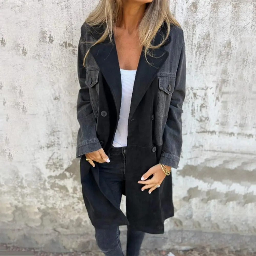 Women's Suit Collar Denim Stitching Mid-length Coat