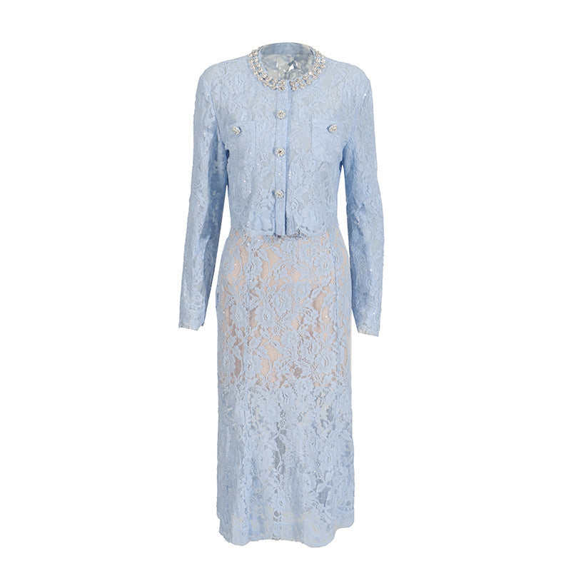 Round Neck Diamond Lace Embroidered Top High Waist Skirt Suit