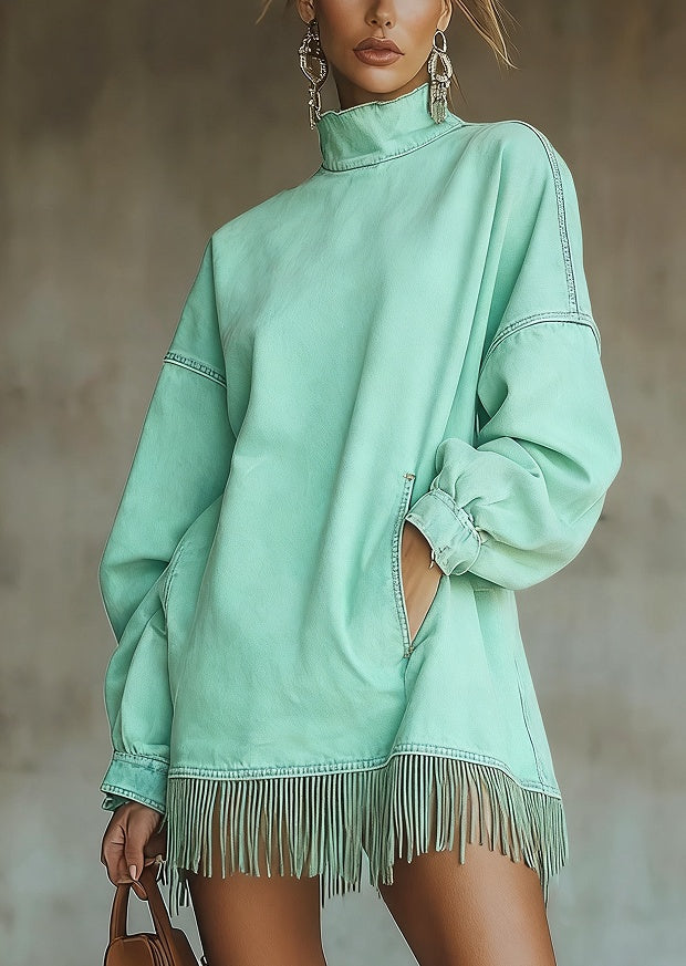 Loose Pocket Tassel Long-Sleeve Suede Dress