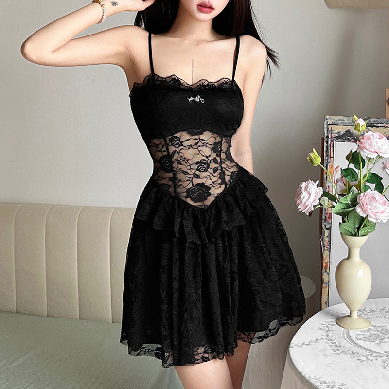 Spring New Women's Solid-Color Sexy Lace-Patchwork Slip Dress