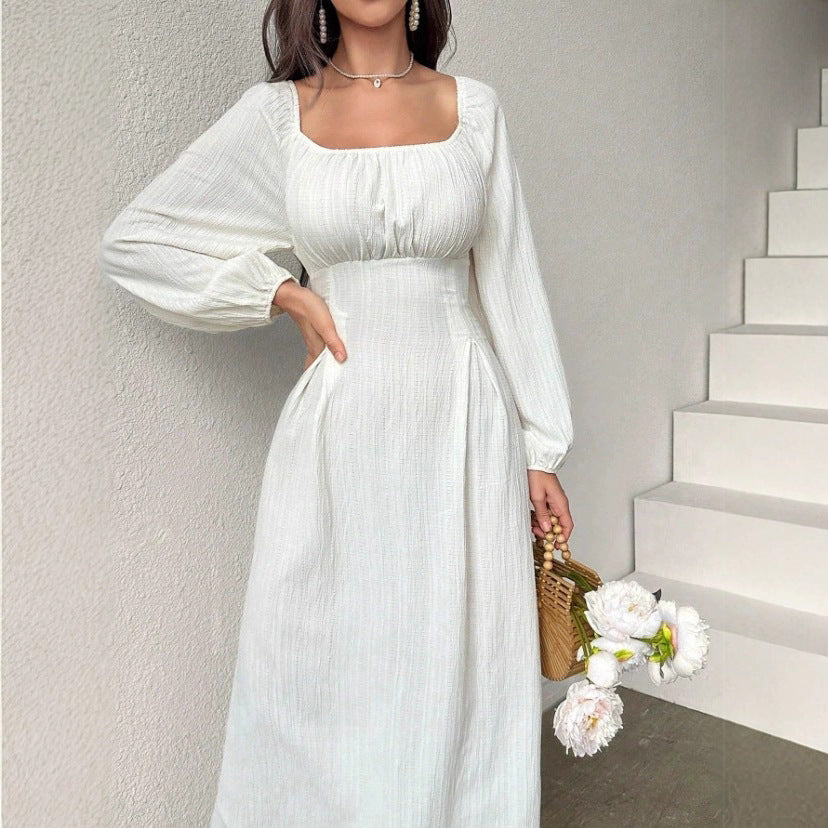 Women's Fashion Square-neck Tie-waist Figure-flattering A-line Dress With Long Sleeves And An Elegant Vibe