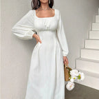 Women's Fashion Square-neck Tie-waist Figure-flattering A-line Dress With Long Sleeves And An Elegant Vibe