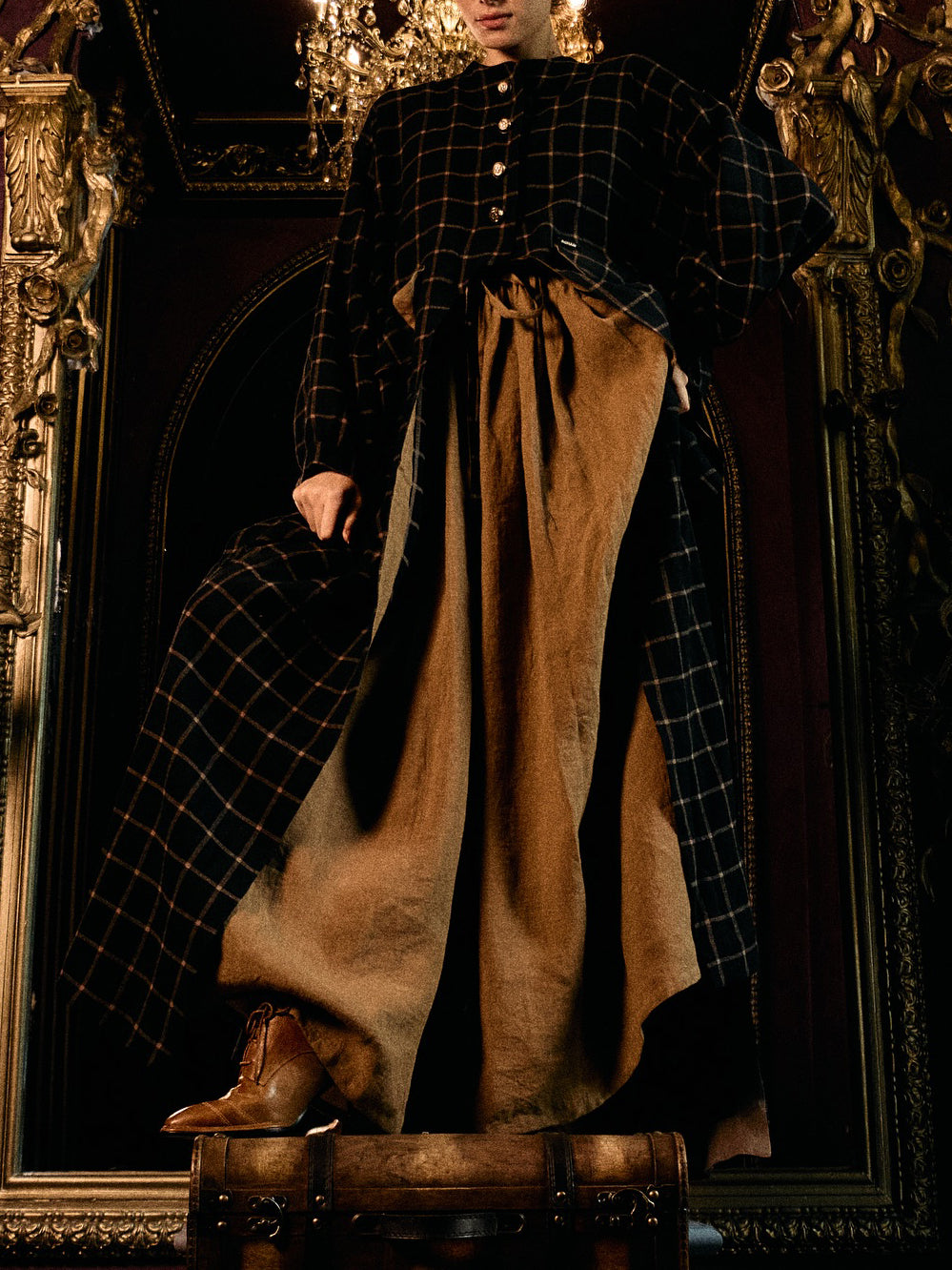 Navy Red Plaid Long Coat With Red Maxi Swing Dress Set