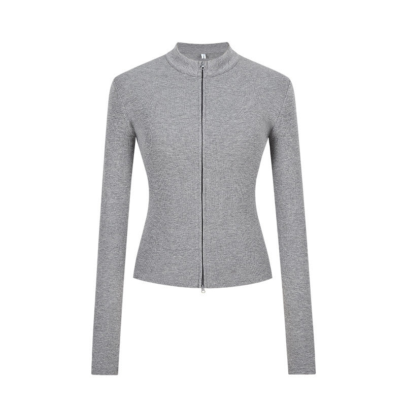 Stand-up Collar Slim-fit Waist-cinching Cardigan Top