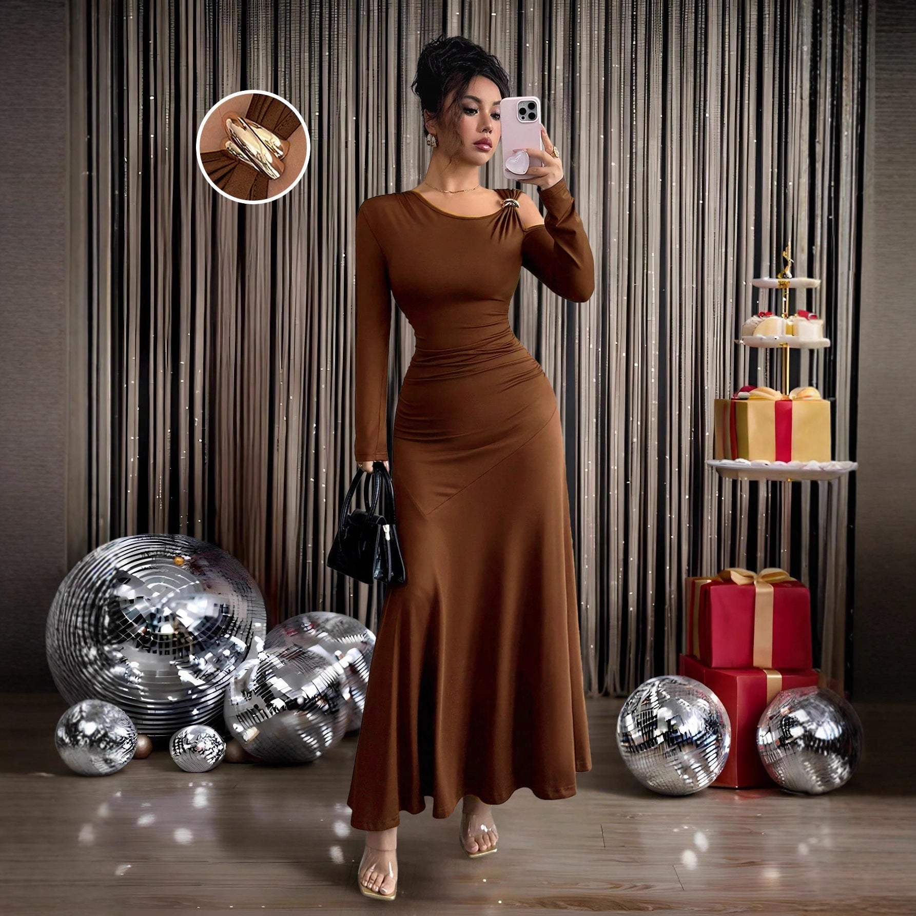 Women's Solid-color Off-shoulder Long-sleeve Top With Metal-decorated Dress