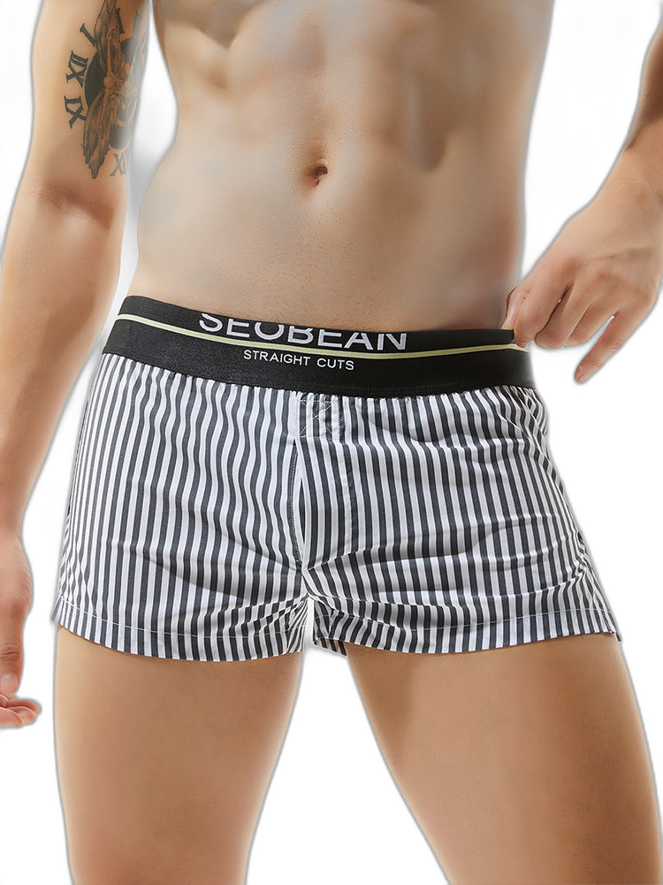 Mens 100% Cotton Striped Loose Home Boxer Shorts