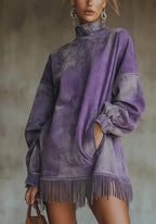 Loose Pocket Tassel Long-Sleeve Suede Dress