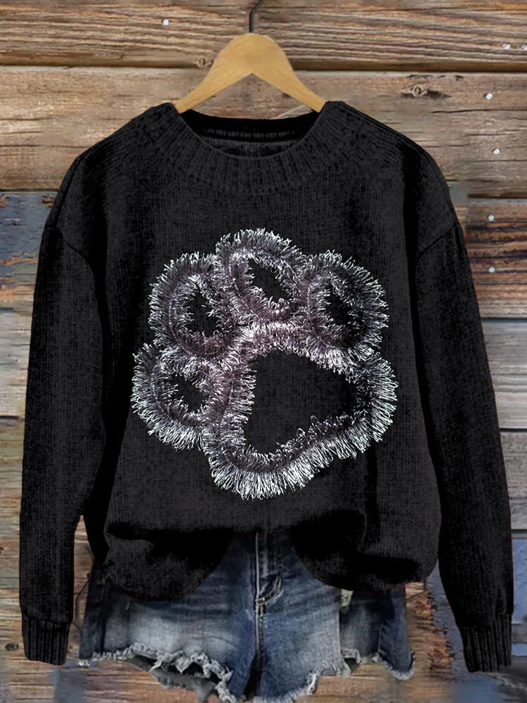 Digital-print Rabbit Amidst A Floral Meadowartistic Outfit Warm Chunky-knit Crewneck Hoodie