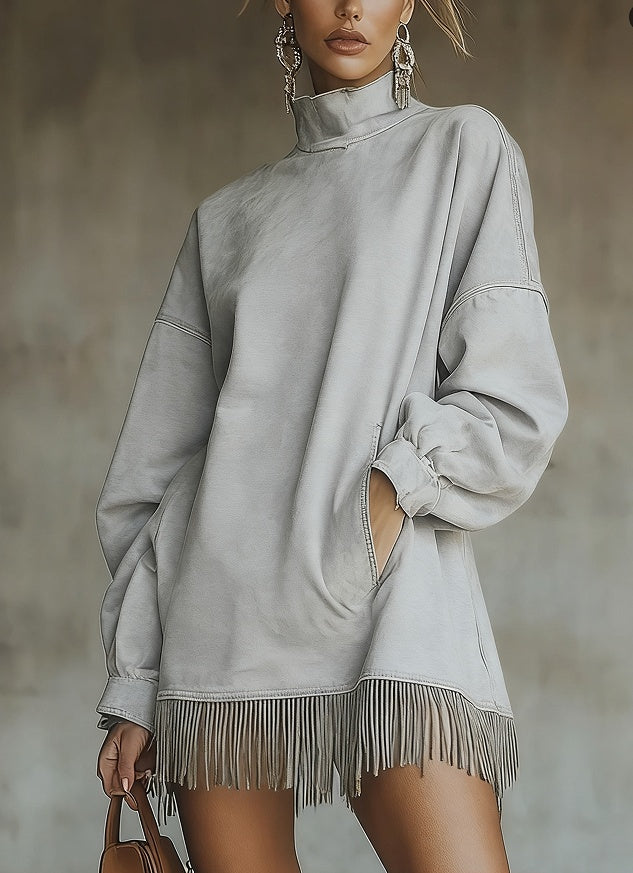 Loose Pocket Tassel Long-Sleeve Suede Dress
