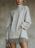 Loose Pocket Tassel Long-Sleeve Suede Dress