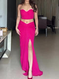 Rose Red Tube Top Twisted Skirt Set
