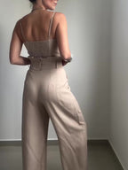 Solid Color Suspender Top & High Waist Pants Set