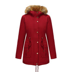 Hooded Women's Mid-length Padded Coat With Fur Collar And Defined Waist