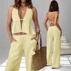 Halterneck Strap Sexy Backless Sleeveless Tank Top And Slim-fit Set