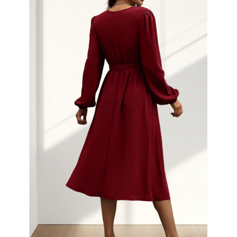 Solid-color Collar Long-sleeve Dress