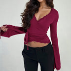 Rare-design Wine-red Lace V-neck Belted Waist Flared-sleeve Short Top