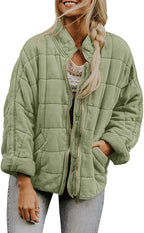 Winter Zip-up Stand Collar Coat With Pockets Fashion Solid Color Plaid Long Sleeved Jacket Women's Clothing