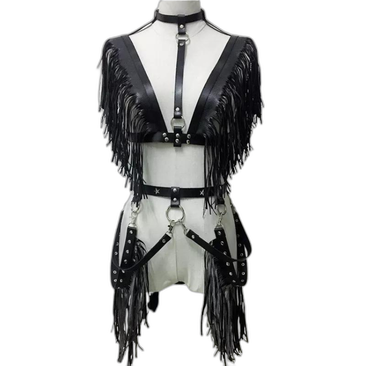Women's Gothic Punk Pentagram Garter Set with Tassel Bra Harness