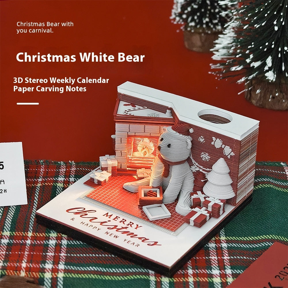 3D Paper Carving Art Notepad - Laser Engraved Christmas White Bear | 175-Layer Sculptural Memo Pad & Desk Decoration