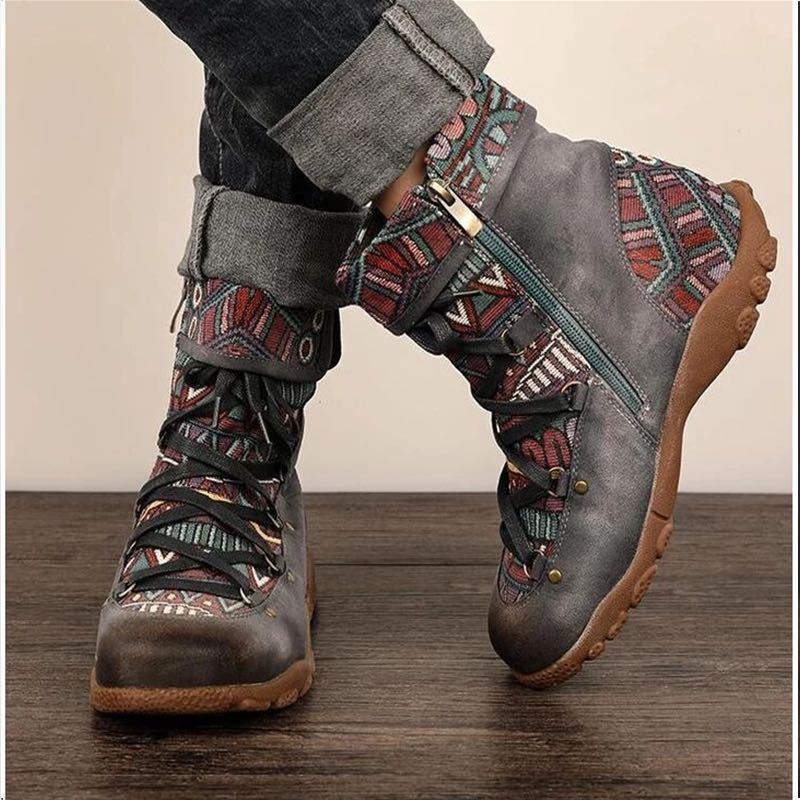 Ethnic Style Large Size Short Boots Women's Fashion Retro Side Zipper Round Head Autumn And Winter Fashion Nude Boots