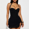 French-style Lace Side-slit Dress With Neck Tie For Women