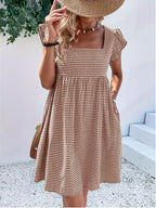 Square-neck Yarn-dyed Plaid Long-sleeve Loose-fitting Dress With Zippered Pockets