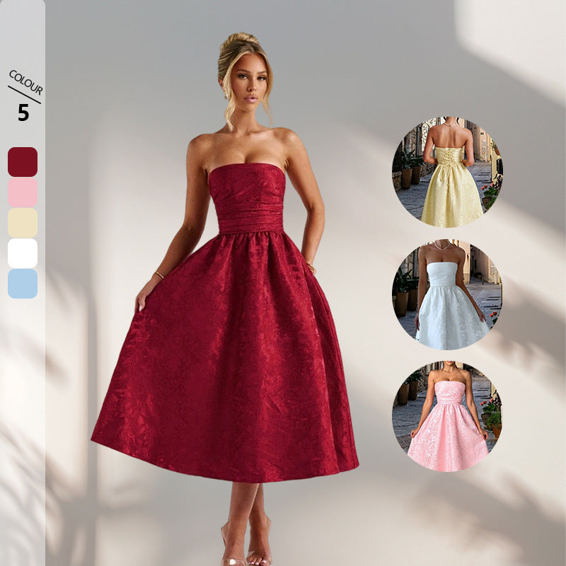 Womens Solid-Color Jacquard Satin Tube Dress