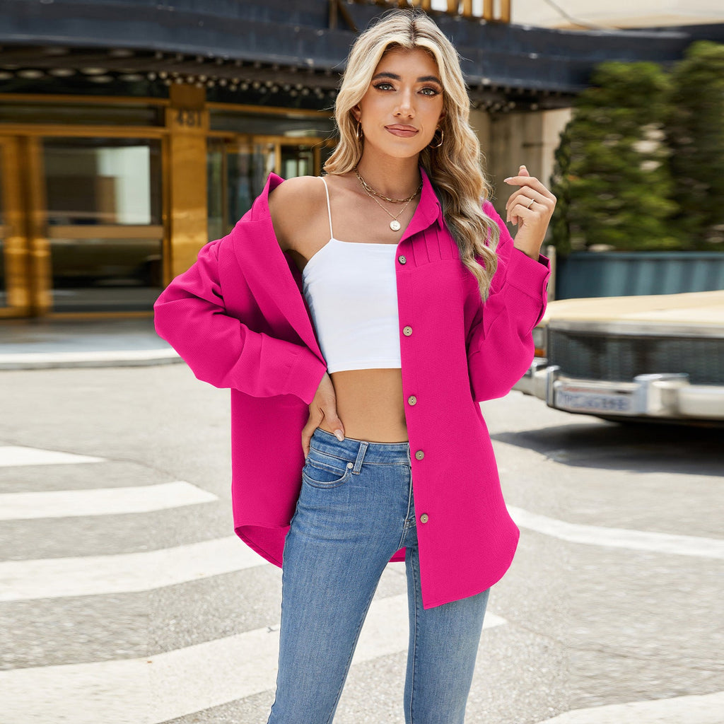 Fashion Lapel Single-breasted Shirt Loose Solid Color Long Sleeve Top Womens Clothing