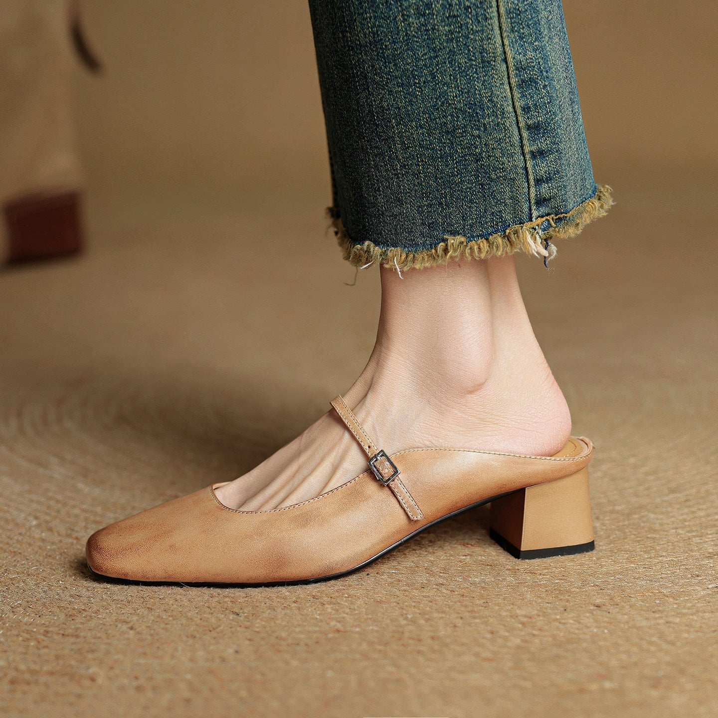 Retro Chunky Heel Peep-toe Slingback French Single-strap Slip-on Mid-heel Sandals