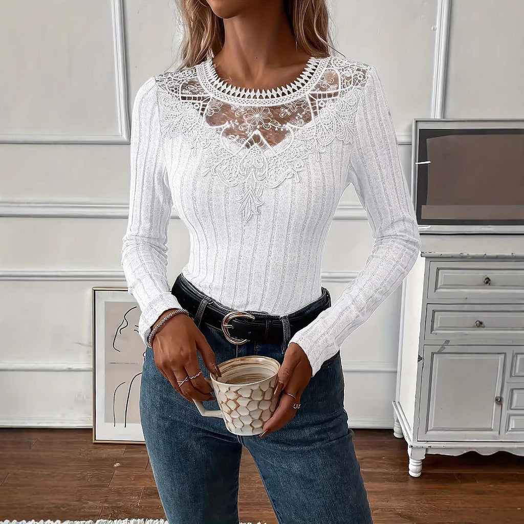 Women's New Arrival Fashionable Casual V-Neck Lace Long-Sleeve Top
