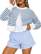 Buttoned Long-sleeve Crew-neck Solid-color Cropped Knit Sweater
