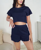 Ruffled Crop Top & Shorts Set – Loose Fit Women’s Loungewear Two-Piece