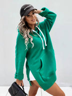 Women's Hooded Sweatshirt With Pockets Fashion Casual Split Mid-length Sweater Drawstring Tops