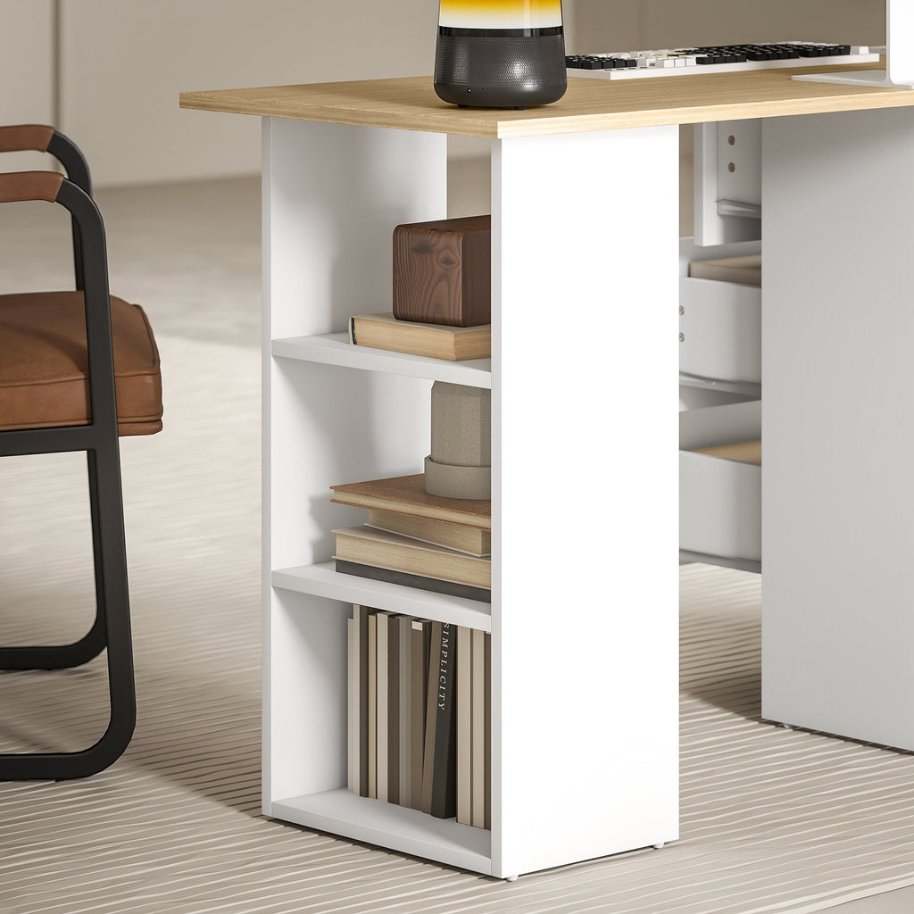 HOMCOM Computer Desk, Writing Table, PC Workstation with 3 Storage Shelves and Drawers, Silver Handle, for Home Office, Natural Wood Finish and White