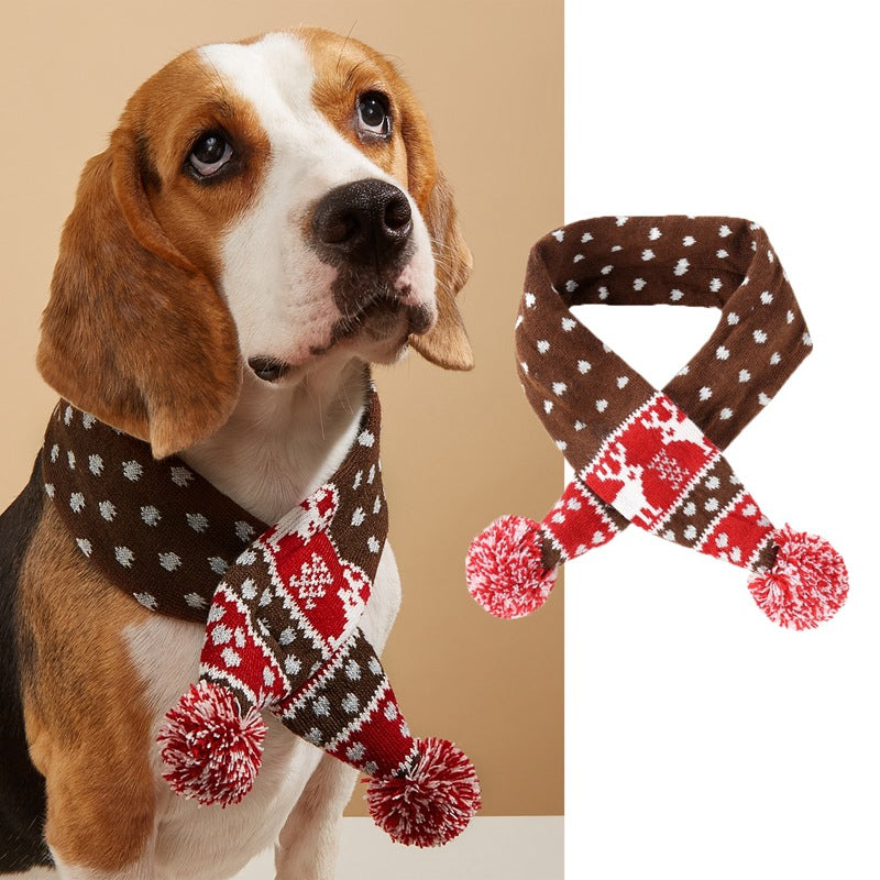 Christmas Pet Scarf Contrast Color Striped Red Snowflake Fur Ball Warm And Comfortable