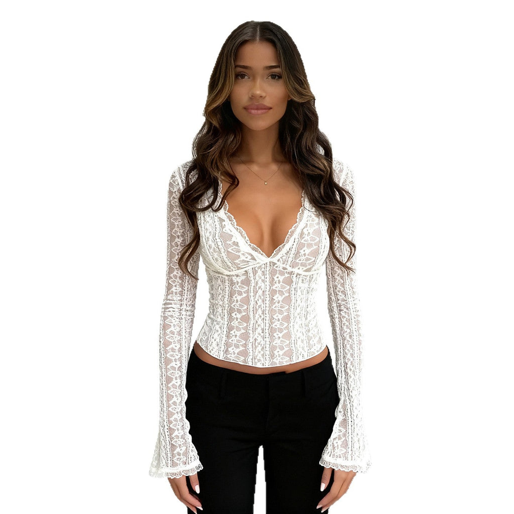 Women's Lace Sheer Top With Flared Sleeves And Cropped Design