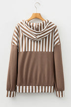Straw Yellow Waffle Texture Striped Patchwork Button Neck Drawstring Hoodie