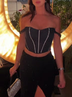 Off-the-shoulder Vest Sequined Skirt Suit