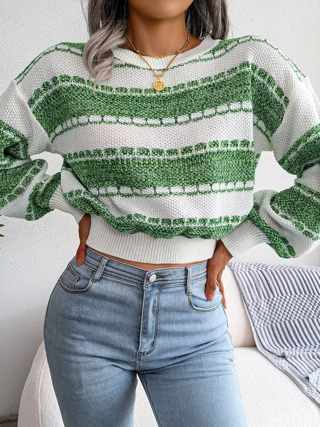 Women Fashion Color Block Long Sleeve Knit Sweater
