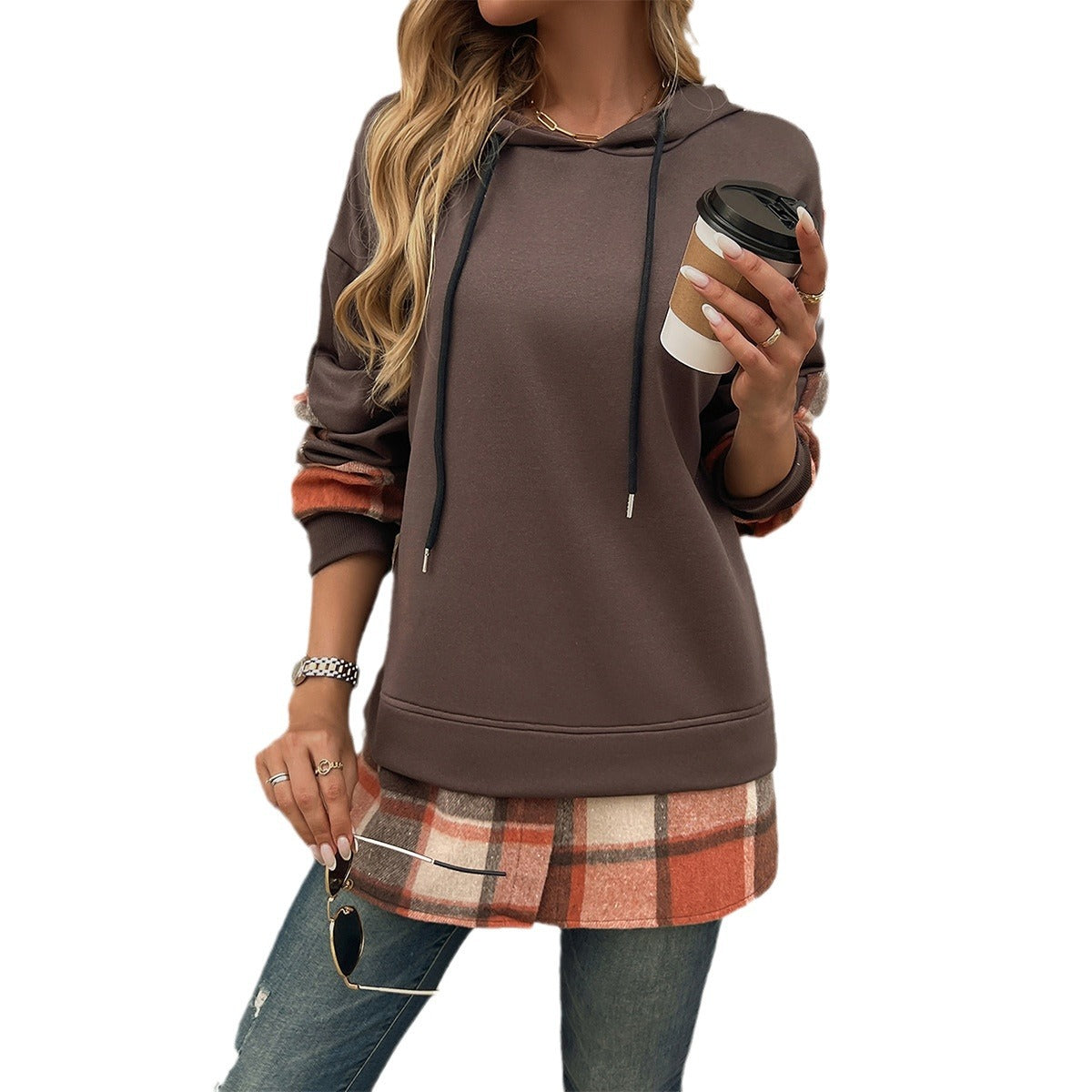 Women's Vintage Oversized Hoodie With Plaid Patchwork Stylish Y2k Clothing Streetwear Round Neck Hooded Long Sleeve Sweatshirts