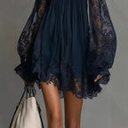 Long-sleeve Slip Dress In Solid Color With A Stretchy Boat Neck And Lace Detailing