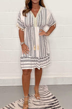 Spring And Summer New Short Sleeve V-neck Mid-length Printed Dress Women