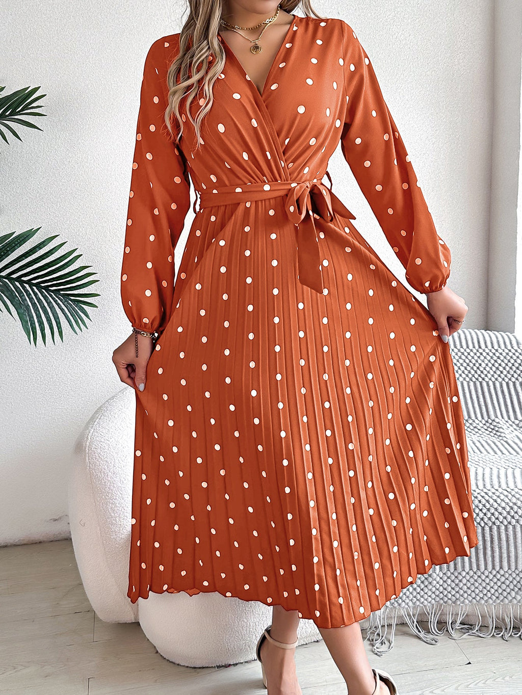 Women's Elegant Color-Blocked Polka Dot Cross V-Neck Pleated Maxi Dress