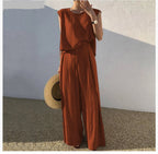 Cotton And Linen Casual Sleeveless Top Wide Leg Pants Two-piece Set