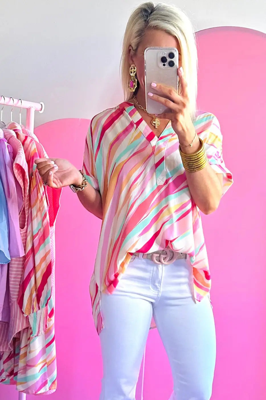 Abstract Print High Low Hem Short Sleeve Blouse Women UK