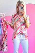 Abstract Print High Low Hem Short Sleeve Blouse Women UK