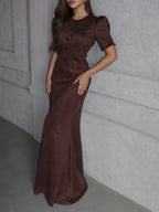Brown Commuter Puff Sleeve Suede Top Fishtail Skirt Set