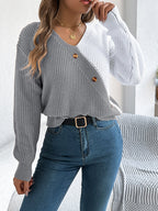 Women Casual V-Neck Button Color Block Lantern Sleeve Pullover Sweater