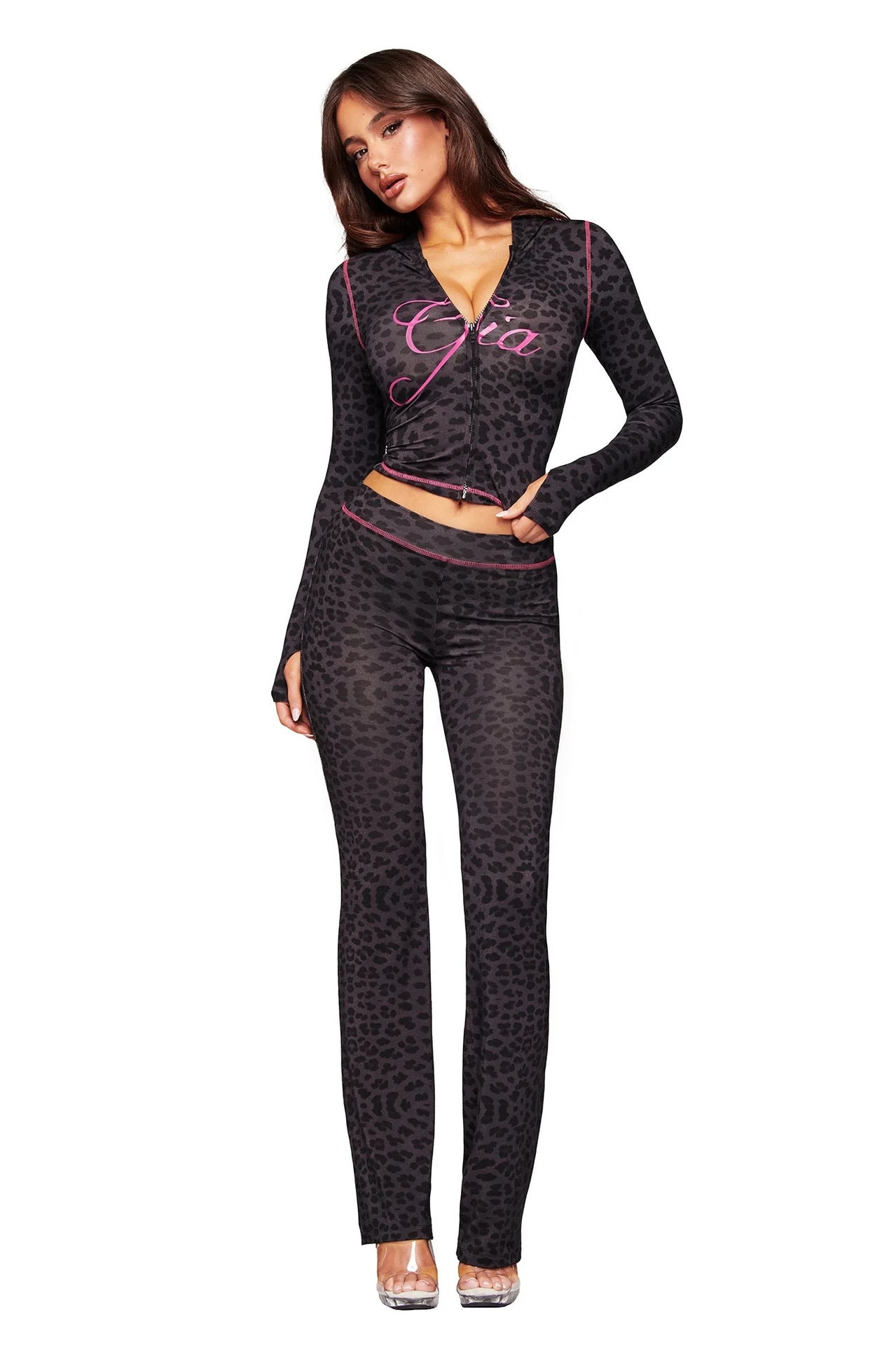 Fashionable Printed Casual Leopard-Print Zippered Long-Sleeve Jacket And Pants Set